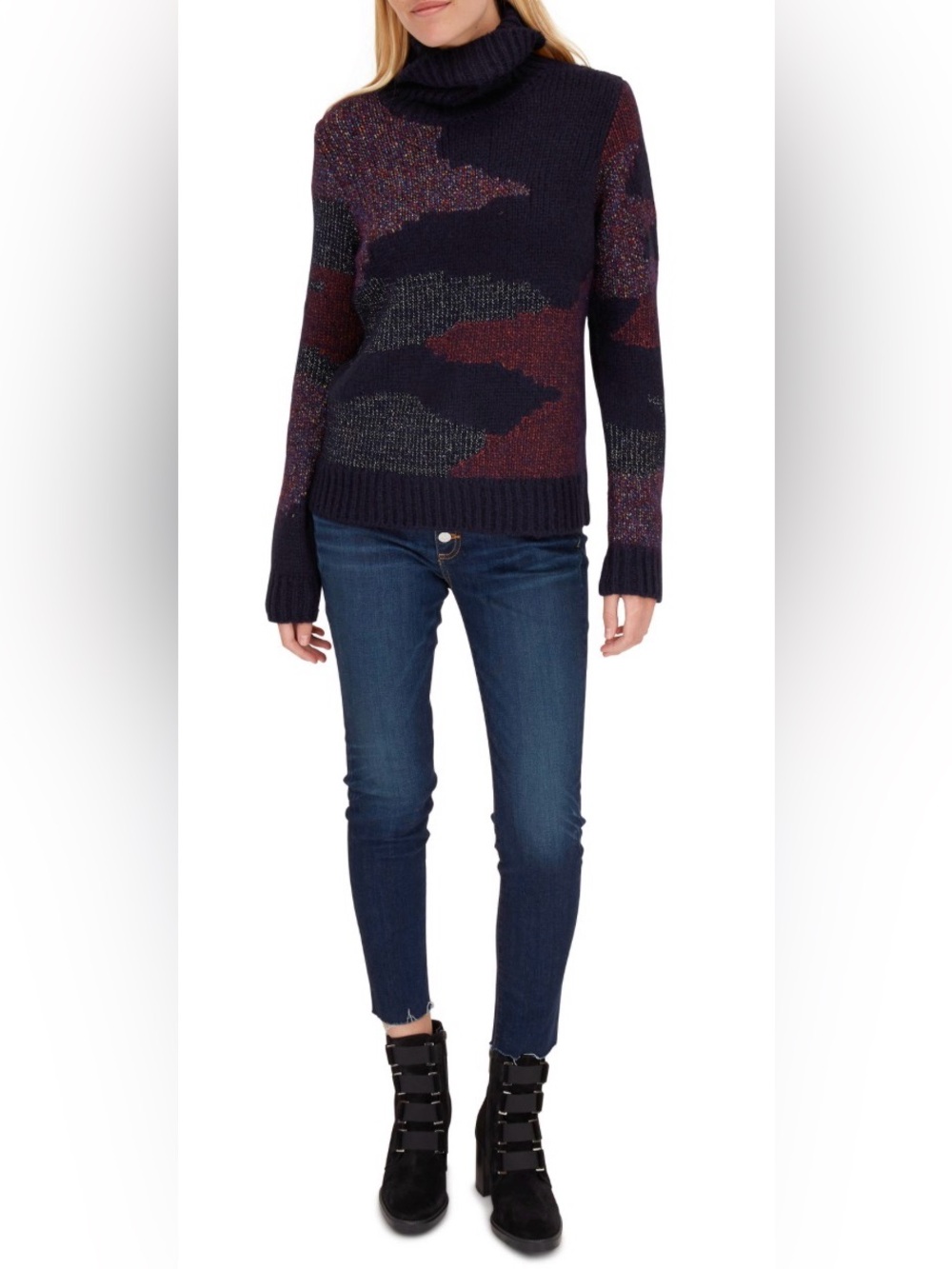 Veronica Beard Naledi Intarsia Navy Multicolour Turtleneck Sweater Size XL
